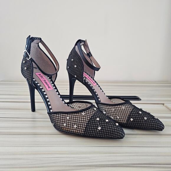 Betsey Johnson Black Mesh Ankle Straps Pointy Toe Stiletto Pumps Heels Size 8.5 - Picture 1 of 9